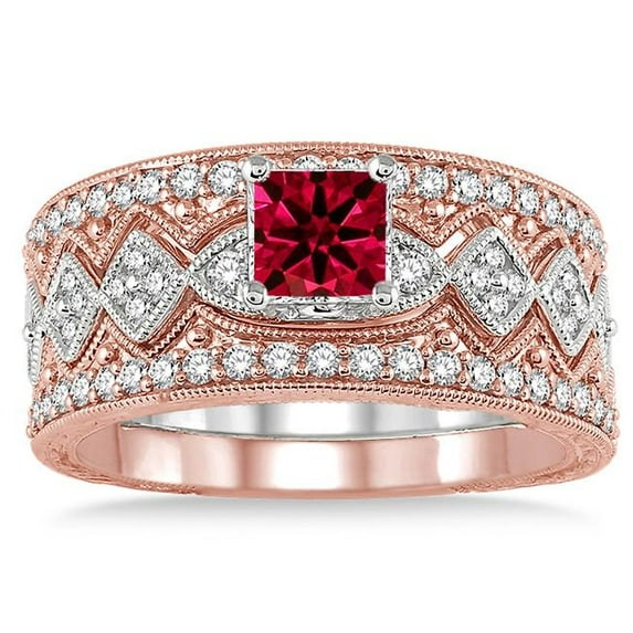3 Carat Moissanite Diamond Princess Cut Red Ruby Antique Trio Bridal Set Engagement Ring on 10k Rose Gold