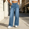 thumbnail image 2 of QQZ Wide Leg Loose Jeans For Women, Drawstring Elastic High Waist Denim Pants, Large Patch Pockets Full‑Length Trendy Jeans For Home Office Travel Daily Casual Wear, 2 of 6