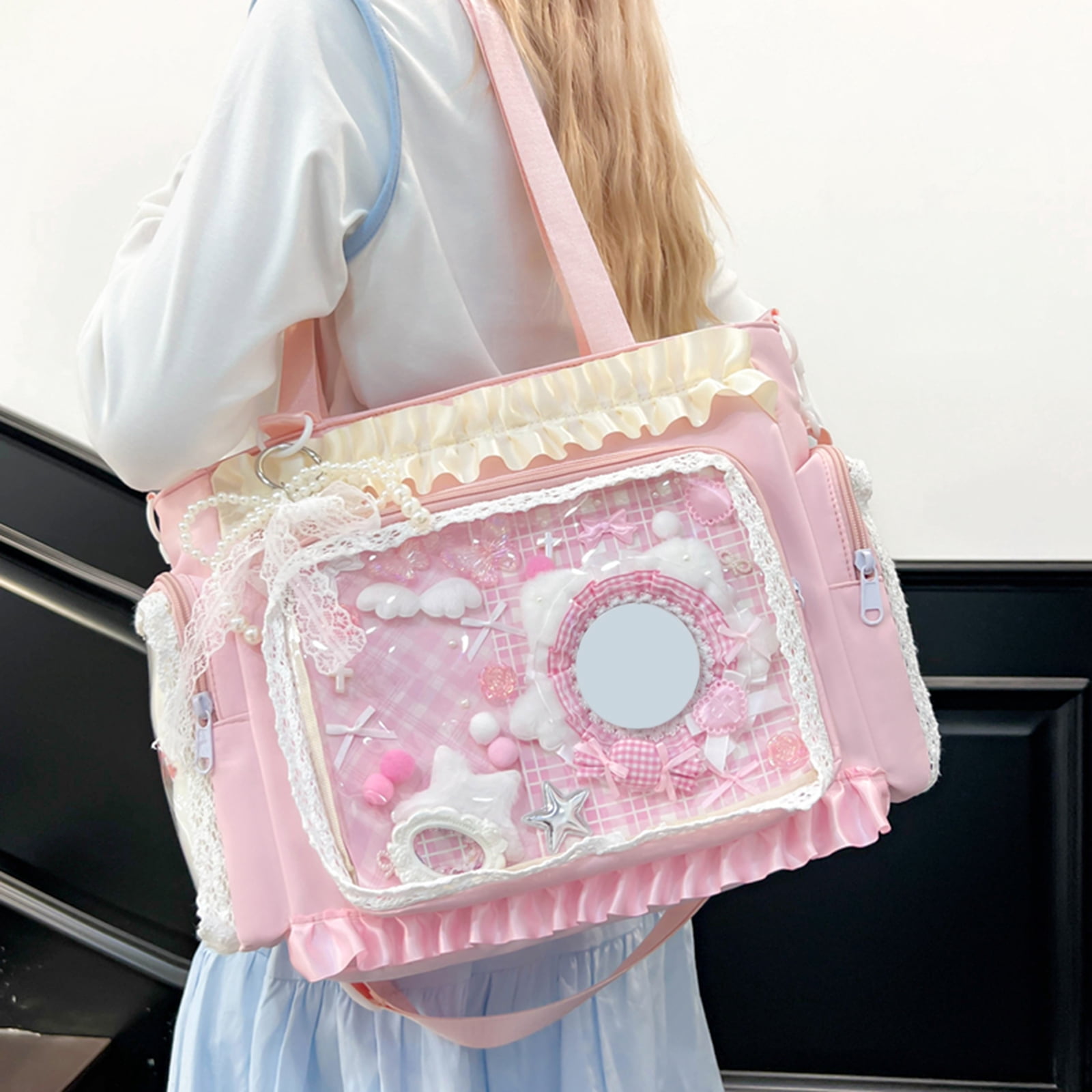 HUISZJ Transparent Square Ita Bag, Lolita Messenger Bag with Zipper & Pendant, DIY Badge Crossbody Bag Student Tote Bag for Shopping Travel Work Daily (Pink)