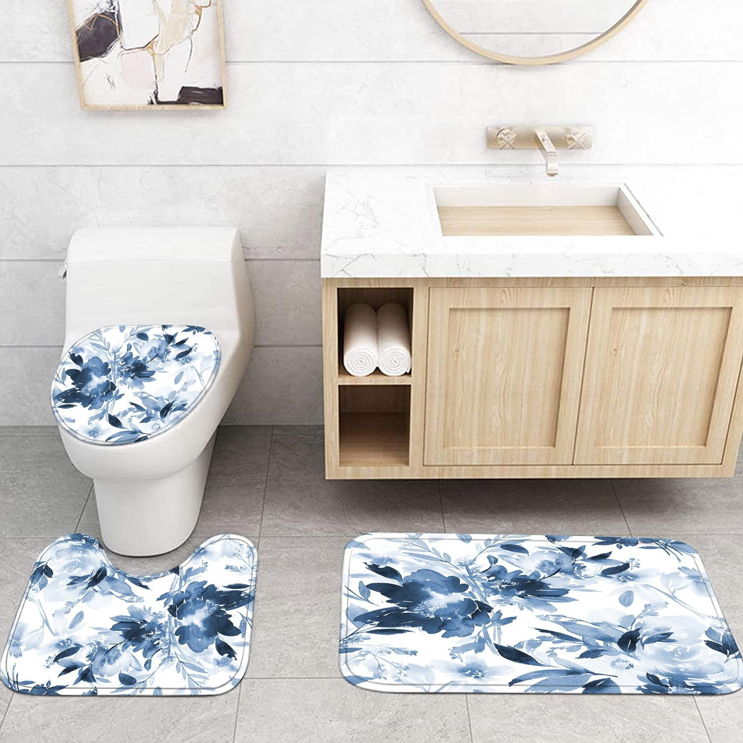 Blue Leaves Shower Curtain Set Bathroom Sets Flower Shower Curtain Set with Rugs,Bathroom Shower Curtain Set with Carpet Bath Mat Toilet Rugs