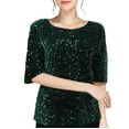 thumbnail image 1 of Breezora Haut à Paillettes Scintillant pour Femmes, Col Rond Tendance, Manches 3/4, Blouse à Paillettes, Chemise Festive pour les Fêtes, Essentiel de Garde-Robe Printemps Été, Taille M, Vert, 1 of 5
