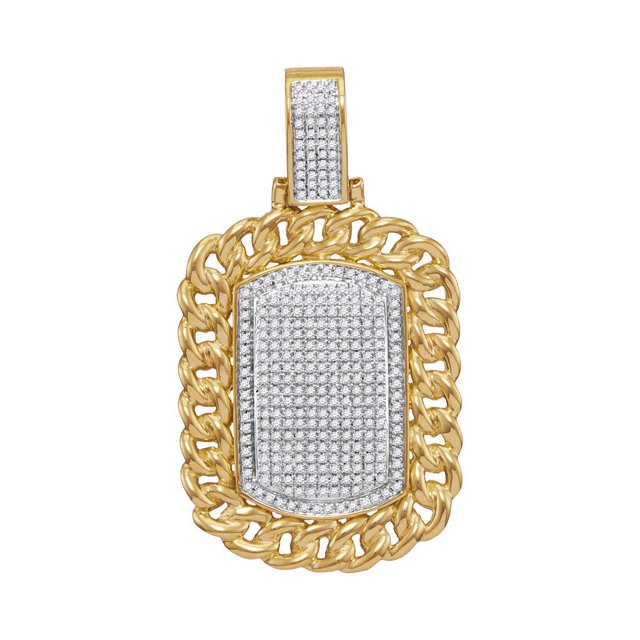 Pendentif Étiquette de Chien en Or Jaune 10kt Diamant Rond Cadre Cubain 7/8 Cttw