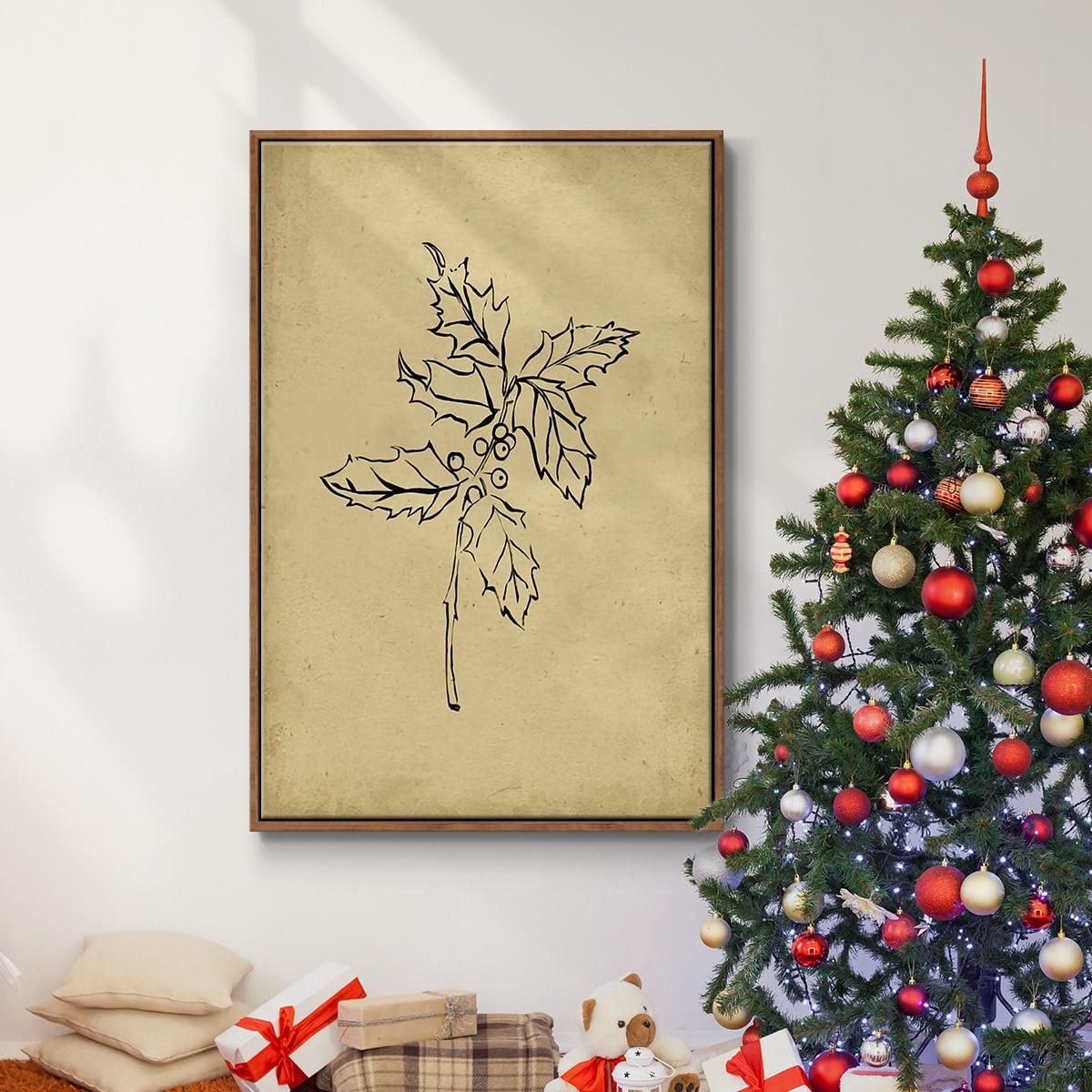 Holly Branch I - Framed Gallery Wrapped Holiday Canvas - 27 x 41 - Rosewood Frame