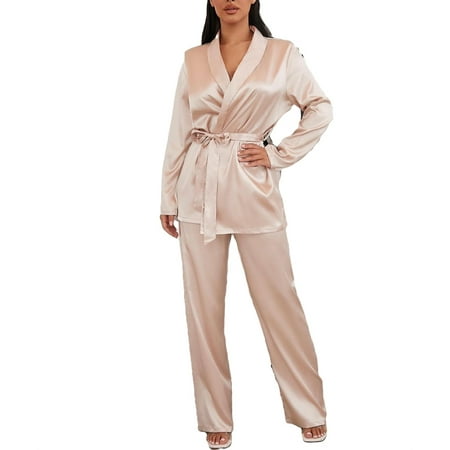 

Elegant Solid Shawl Collar Pant Sets Long Sleeve Champagne Womens Pajama Sets (Women s)