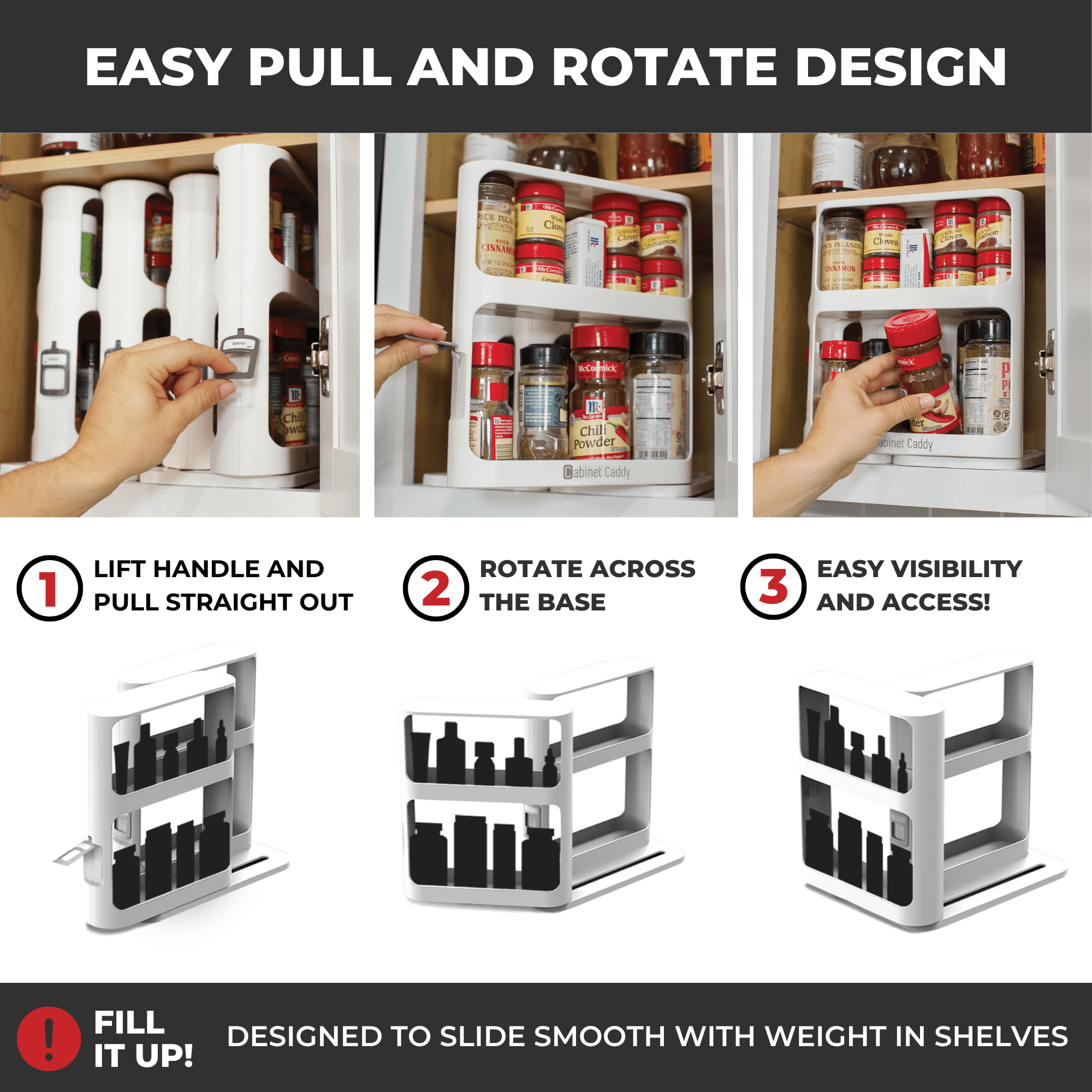 Cabinet Caddy Spice Rack Organizer, Slide & Rotate Kitchen Organizer, 2-Tier Shelves