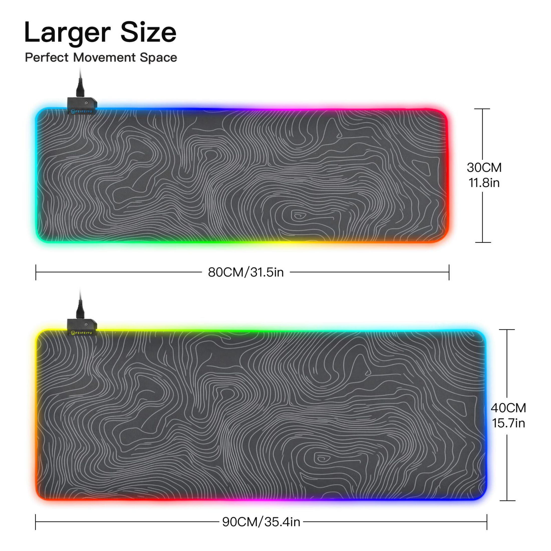 Large RGB Gaming Mouse Pad Led Glowing Mousepad Non-Slip Rubber Base 13 Light Modes 31.5x11.8 Topographic Line