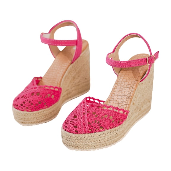 Womens Wedge Sandals Platform Espadrilles Knit Mesh Closed Toe Ankle Strap High Heels Summer Comfy Footbed Casual Dress Shoes Red Size 7