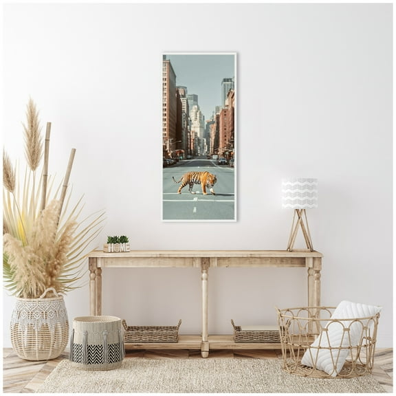 Kate and Laurel Urban Tiger in the City Panel Framed Canvas Wall Art by Michael Schauer 18 x 40 Sylvie White, Industrial Urban, Animals, Cityscapes Art for Wall Decor, Living Room, Bedroom