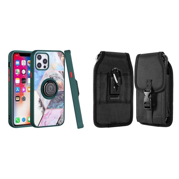 Bemz Ring Series Case for iPhone 14 Plus (TPU Silicone Cover with Magnetic Stand) and Vertical Nylon Buckle Belt Holster Pouch - Green on Galaxy Marble