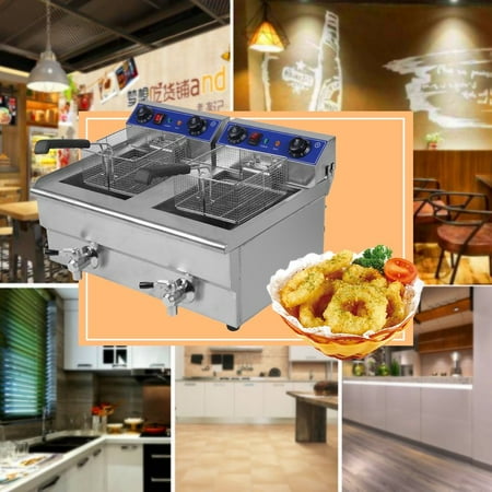 26L 3.3KW Temperature Control Timing Stainless Steel Double Container Commercial Restaurant Electric Deep Fryer US Plug