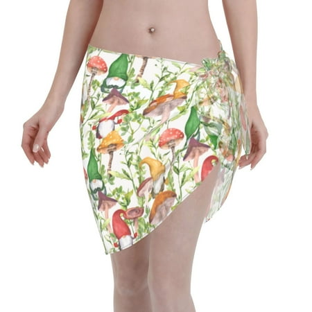 Adobk Women Beach Sarong Bathing Suit Mushrooms Gnomes Print Wrap Skirt Sheer Bikini Swimsuit Cover Ups For Swimwear