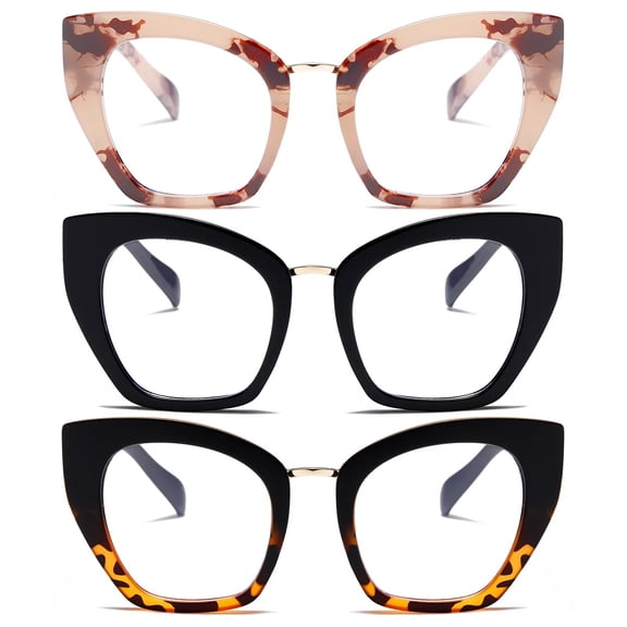 REAVEE 3 Pack Cat Eye Non-Prescription Glasses Oversized Frame Fake Eyewear