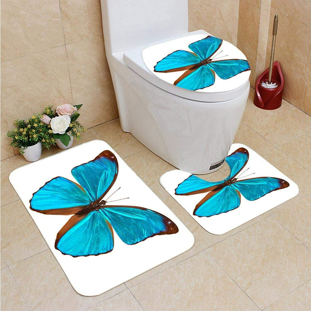 PUDMAD Tropical Butterfly 3 Piece Bathroom Rugs Set Bath Rug Contour
