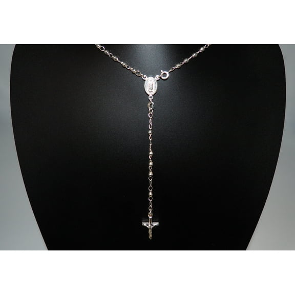 925 Sterling Silver Italian 3mm Rosary Beads Chain with Cross Necklace 18" Rosario