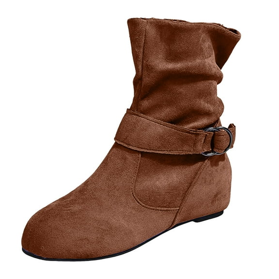 YLYL Women's Mid Calf Boots Round Toe Wide Calf Slouchy Boots Flat Heel Comfortable Shoes with Side Zipper Buckle Strap