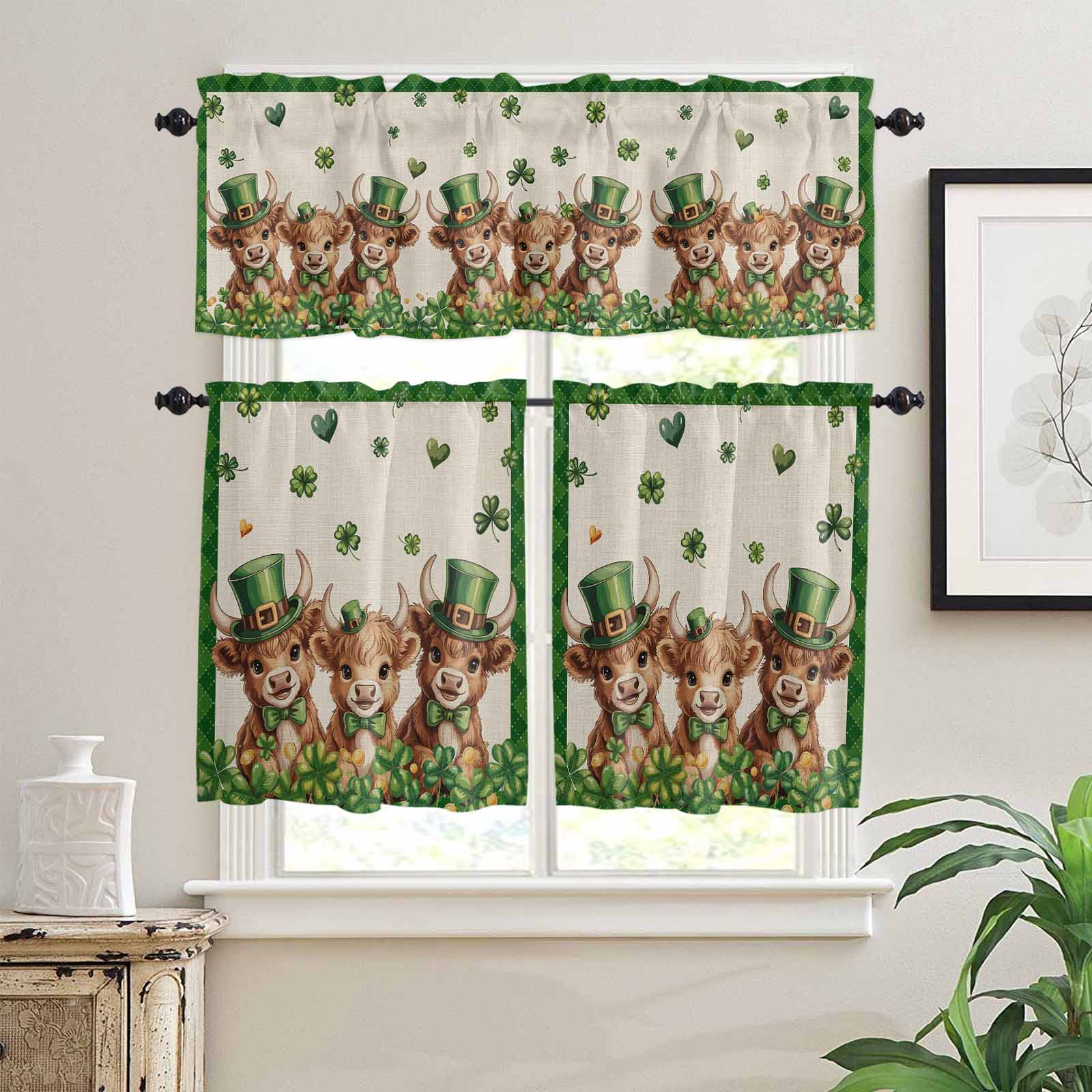 St. Patrick's Day Kitchen Curtains Valances and Tiers Set of 3 Watercolor Green Hat Cow Shamrock Love Linen Texture Tier Curtains and Valance Rod Pocket Valance Curtains Set s 36 Inch Length