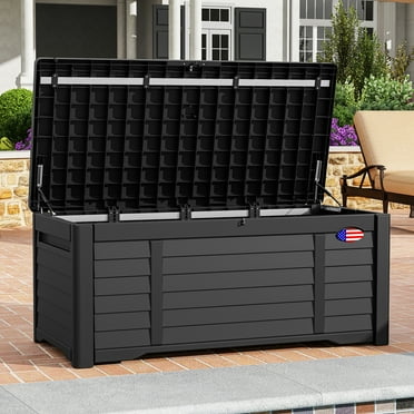 Dextrus 120 Gallon Large Lockable Deck Box,Outdoor Resin Louvered Storage box with Stickers,for Patio, Waterproof, Lockable,Black