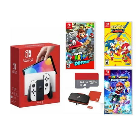 New Nintendo Switch OLED Model White Joy Con 64GB Console HD Screen Bundle with 3 Games- Super Mario Odyssey + Mario Rabbids Spark of Hope + Sonic Mania + Switch Carrying Case + 64GB MicroSD Card