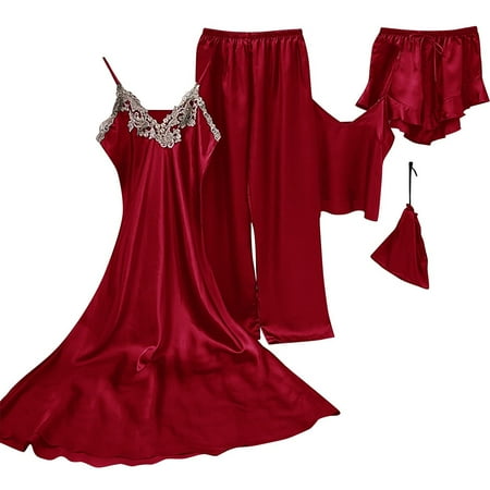 Xfvqtps 5 PCS Womens Pajama Set Nightgown Sling Shorts Trousers and Storage Bag Solid Color Lace Elegant Satin Soft Comfortable Silky Nightwear Red