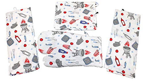 Details about   NEW 3 pc Patriotic stars & stripes APRON & OVEN mitt BBQ Kitchen towel Red Blue 