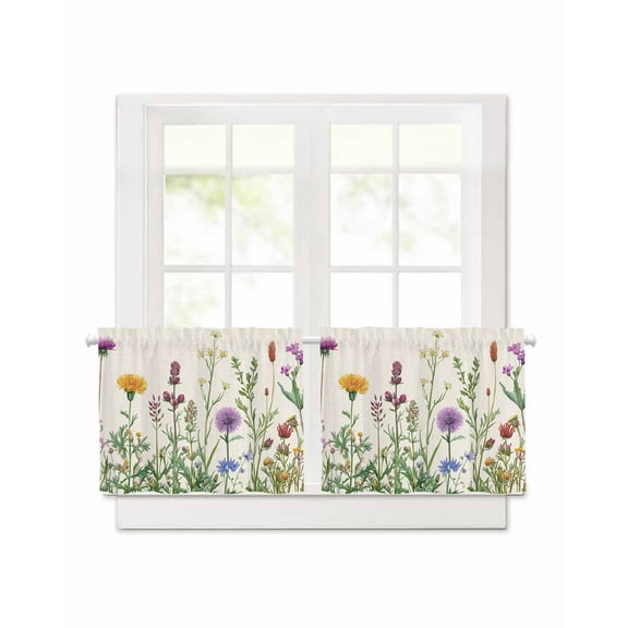 Spring Wildflowers Short Blackout Curtains 24 Inch Long Farmhouse Colored Flower Rod Pocket Kitchen Curtains, 2 Panels Thermal Insulated Room Darkening Drapes for Bedroom, 30"W x 24"L
