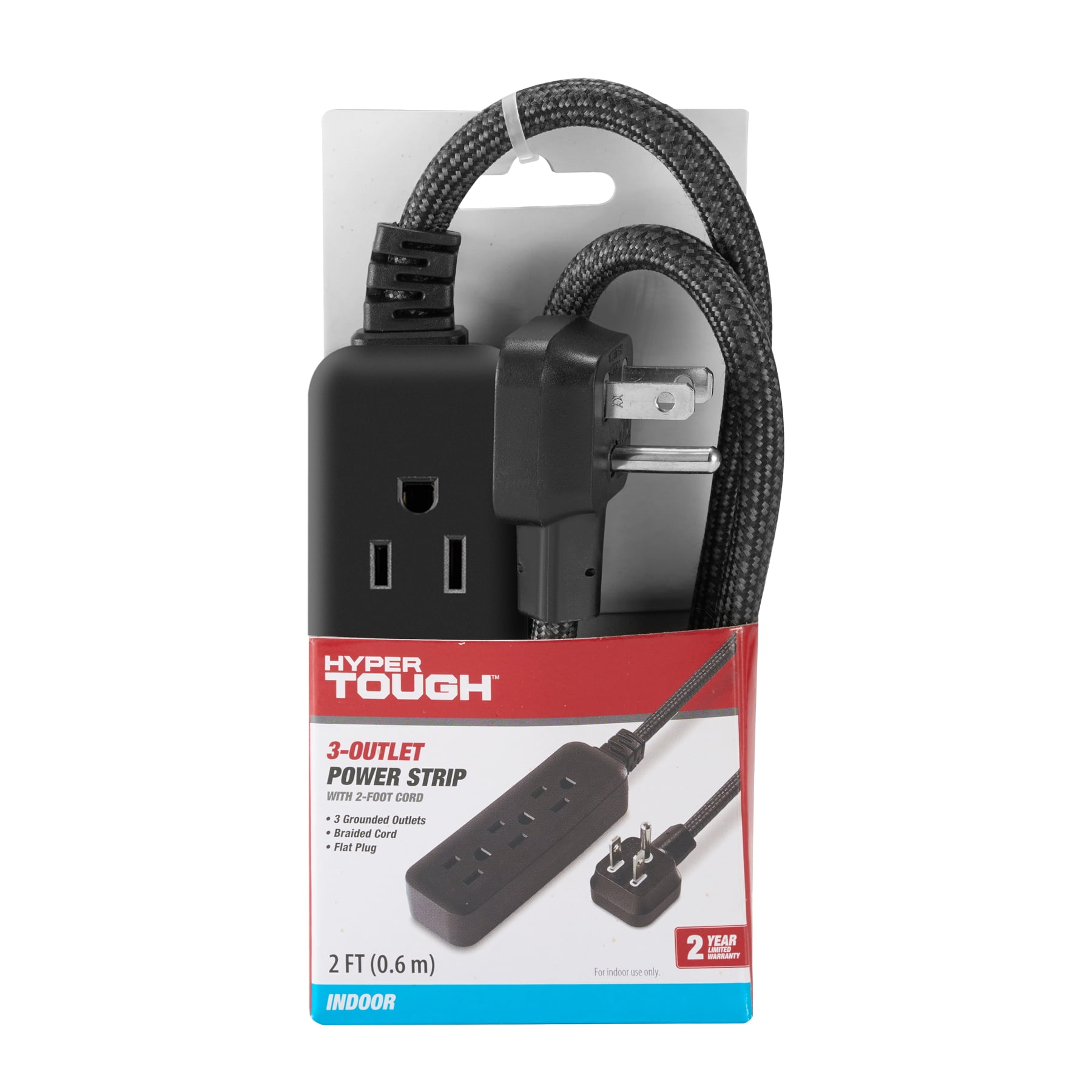 (3 pack) Hyper Tough Flat Plug Extension Cord, 2 ft Braided Cord, 3 Outlets, 3 Prong Grounded, Indoor, Black