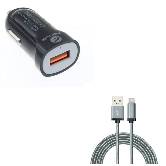 Fast USB Port 18W Car Charger w Charger Cord Type-C 6ft USB Cable P5G for Blackberry Motion, Key2, KEYone, LE - BLU G9, Vivo XI Plus 5 - CAT S61 S48c - Coolpad Legacy - Essential Phone (PH-1)