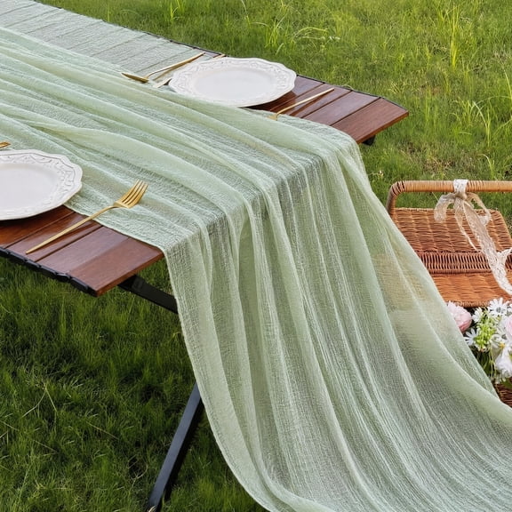 3Pcs Sage Green Cheesecloth Table Runner 120" Long, Rustic Boho Gauze Fabric for Wedding Reception, Bridal Shower, Easter & Party Decor