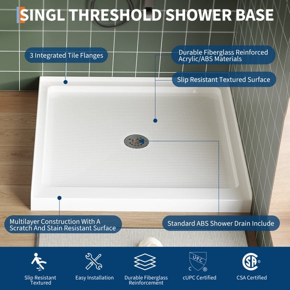 AKDSteel Shower Base, Acrylic Shower Pan With Center Drain, Features Non-Slip Textured Floor And Stainless Steel Round Drain Cover For Safety And Modern Bathroom Design