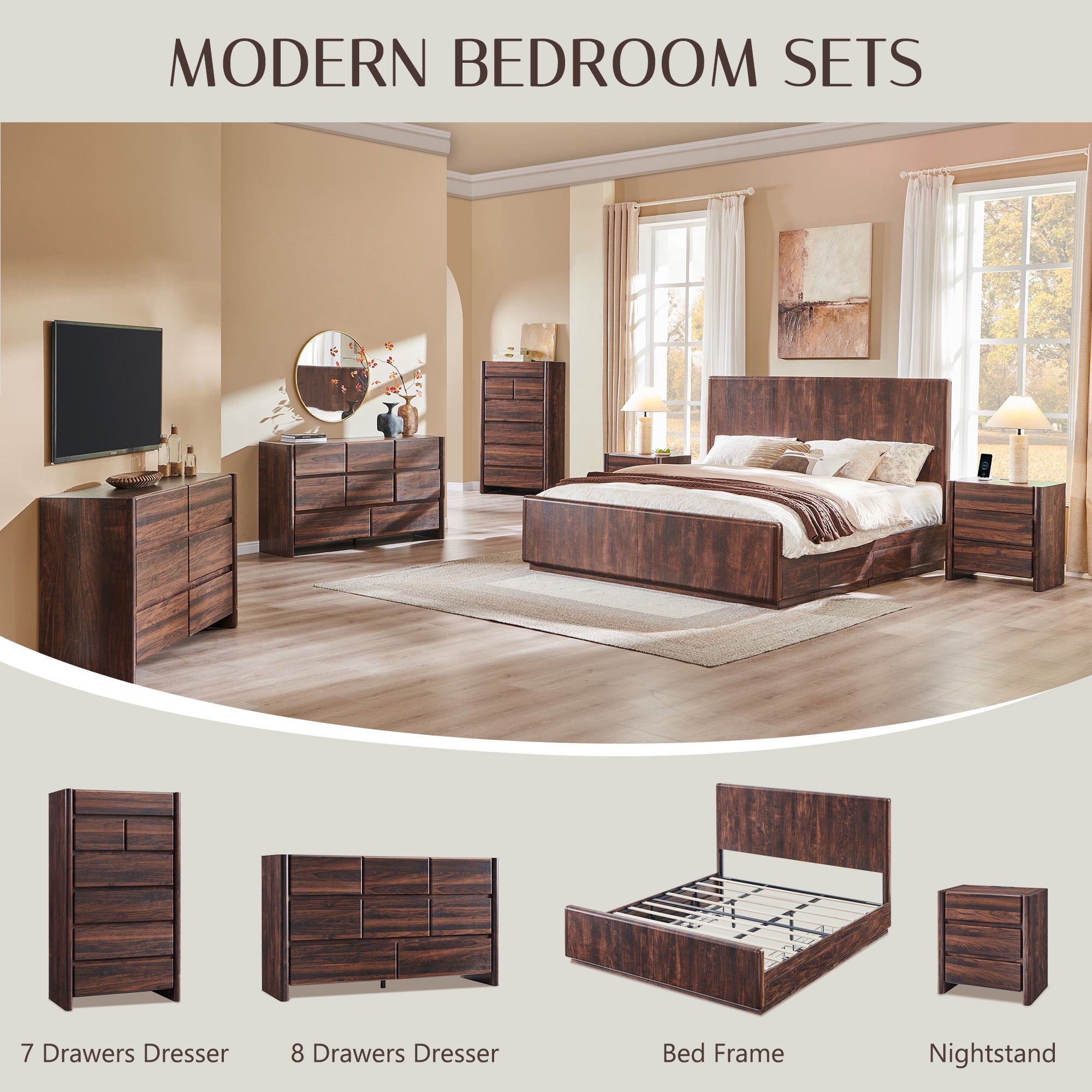 wow97e Modern 8 Drawers Dresser for Bedroom, 55" Wide Wood Chest of Drawers w/Rounded Corner & Handless Design for Living Room, Brown