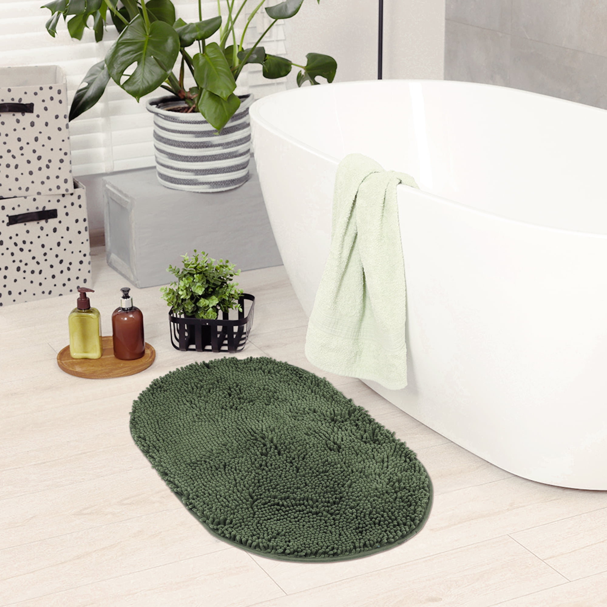 Unique Bargains Oval Plush Bath Mat Soft Non Slip Washable Rug Green 16" x 24"