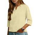 thumbnail image 6 of Gsakboxl Womens Summer Tops Women Solid Color Henley Button Collar 3/4 Sleeve Casual Blouse Top Tee Beige L, 6 of 7