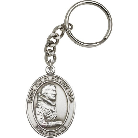 Antique Silver-Plated St. Pio of Pietrelcina Keychain 1 7/8 x 1 1/4 inches