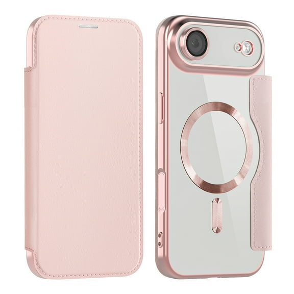 Feishell Flip Case for iPhone Air with Camera Lens Protect Film,Magnetic Closure PU Leather Folio Case with RFID Blocking Card Slots Luxury Plating Transparent Phone Cover,Pink