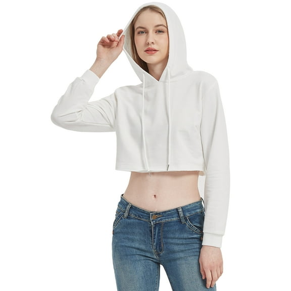 Feinuhan Womens Crop Top Sweatshirt Long Sleeve Hoodie Pullover, White, Medium