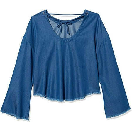 KENDALL + KYLIE Women's Frayed Chambray Top, Medium Wash, Small