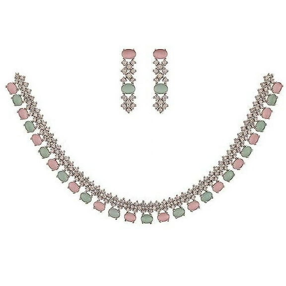 Ratnavali Jewels Women's SilverTone Pink Mint Cubic Zirconia Necklace Earrings Set for Brides & Weddings.