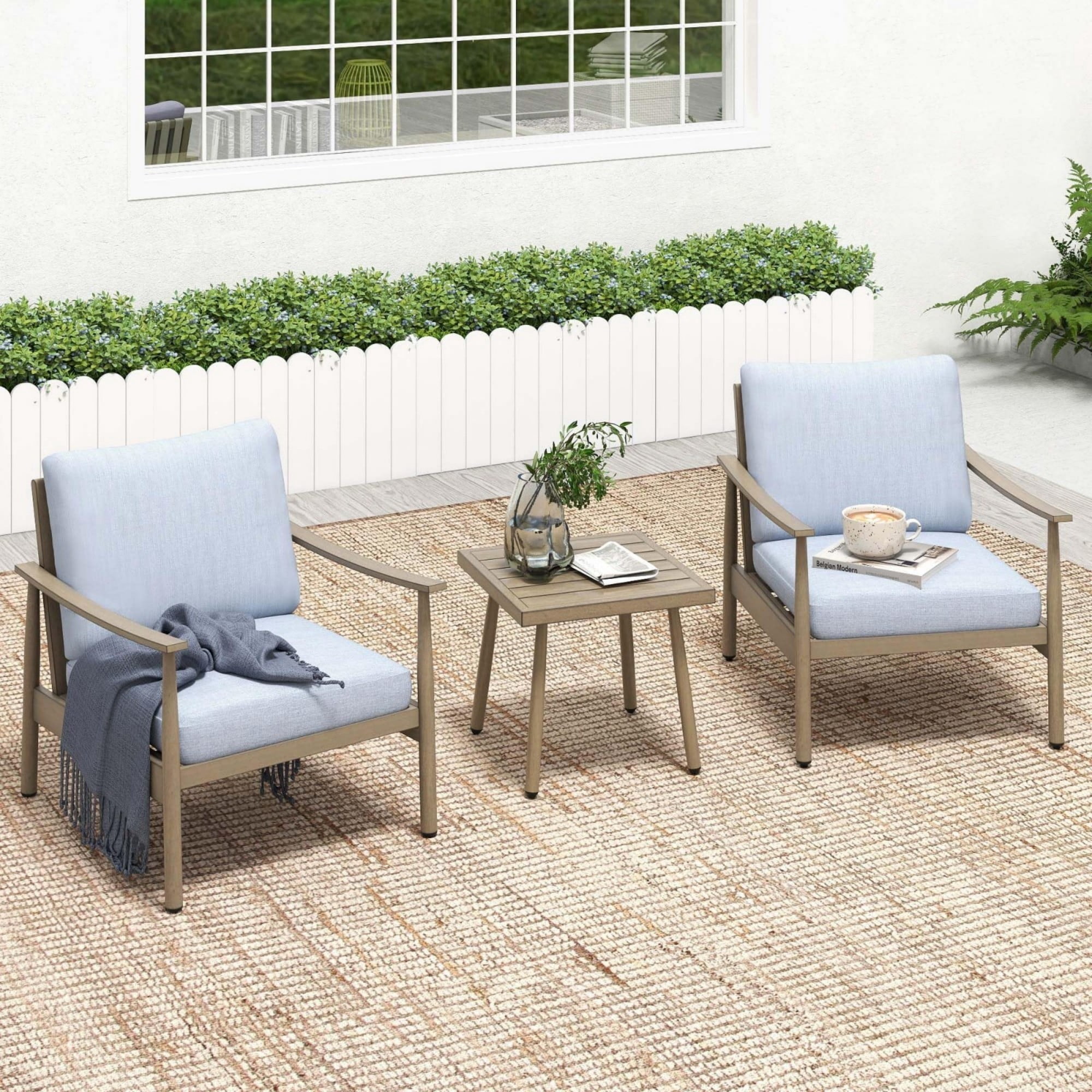 Patio Sofa Chairs Set of 2 Outdoor Aluminum Armchairs with Rope Backrest Thick Cushion Patio Seating for Porch Deck Garden Poolside, Blue