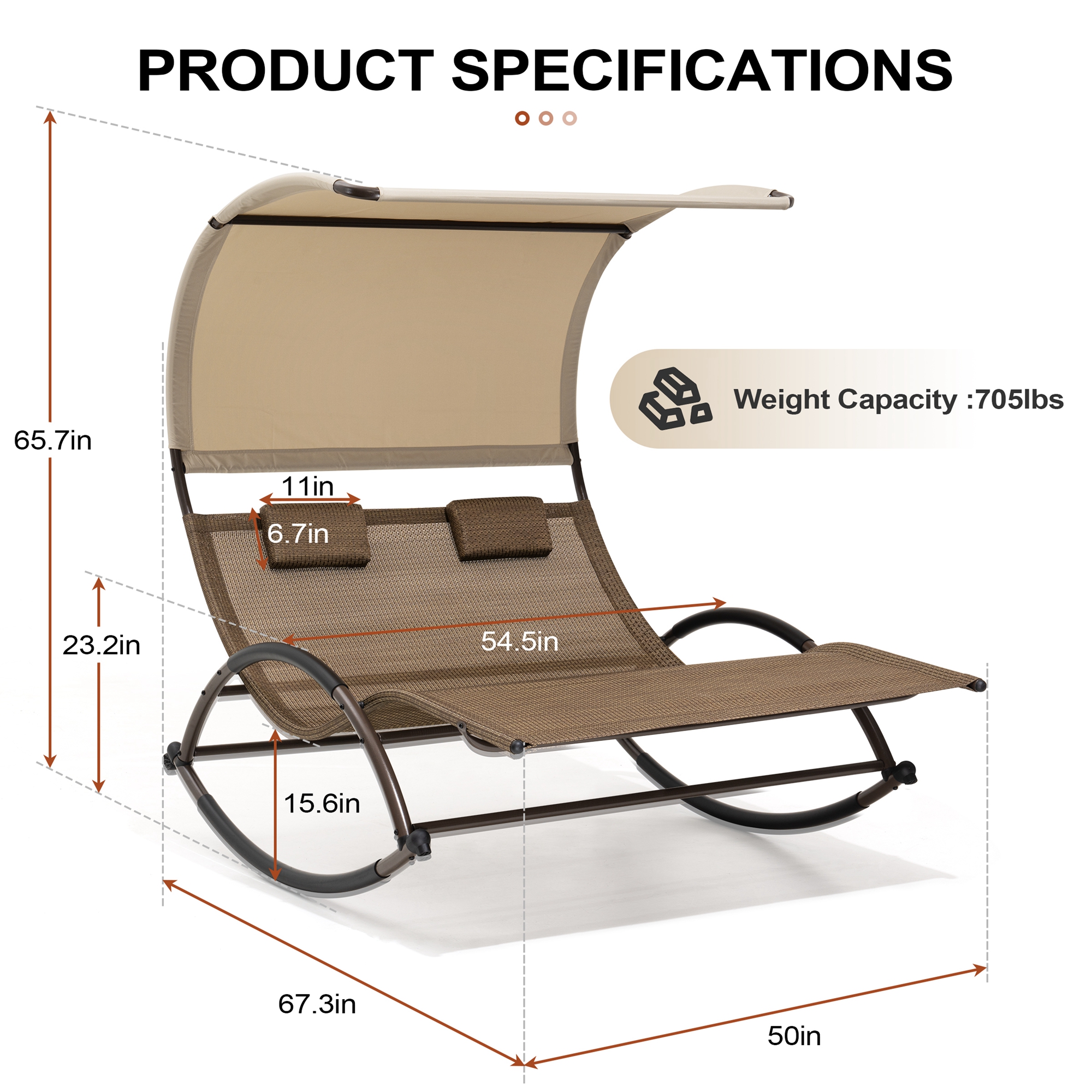 Pellebant Outdoor Double Chaise Lounge with Shade Patio Metal Rocking Chair in Brown - image 3 of 7
