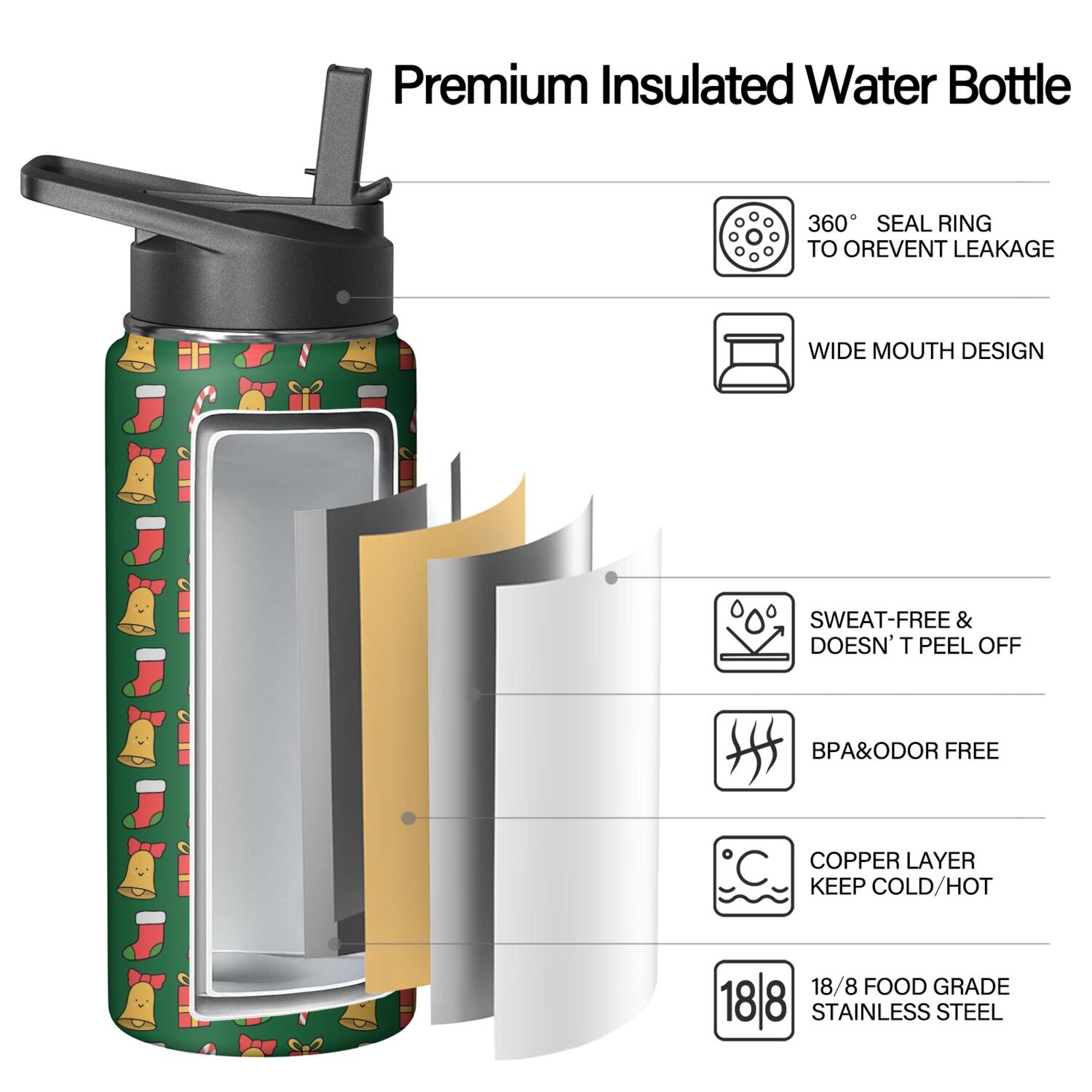 Christmas 18 oz Insulated Stainless Steel Water Bottle with Straw & Cleaning Brush , Leakproof, BPA-Free, 304 Stainless Steel, Wide Mouth, Travel Mug for Car, Gym, Office