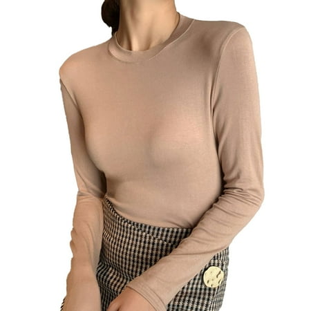 

Womens Fall Long Sleeve Stretch Slim Round Neck Basic Shirts Khaki XL，G16
