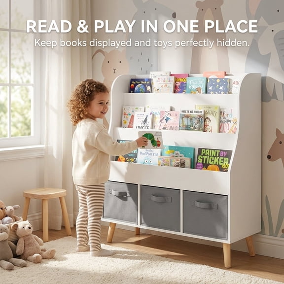 Kids Bookshelf with 3 Fabric Storage Bins, White Wooden Front-Facing Book Display Organizer for Toddlers, Children’s Book Rack and Toy Storage Shelf with Pine Legs for Nursery, Playroom, Bedroom