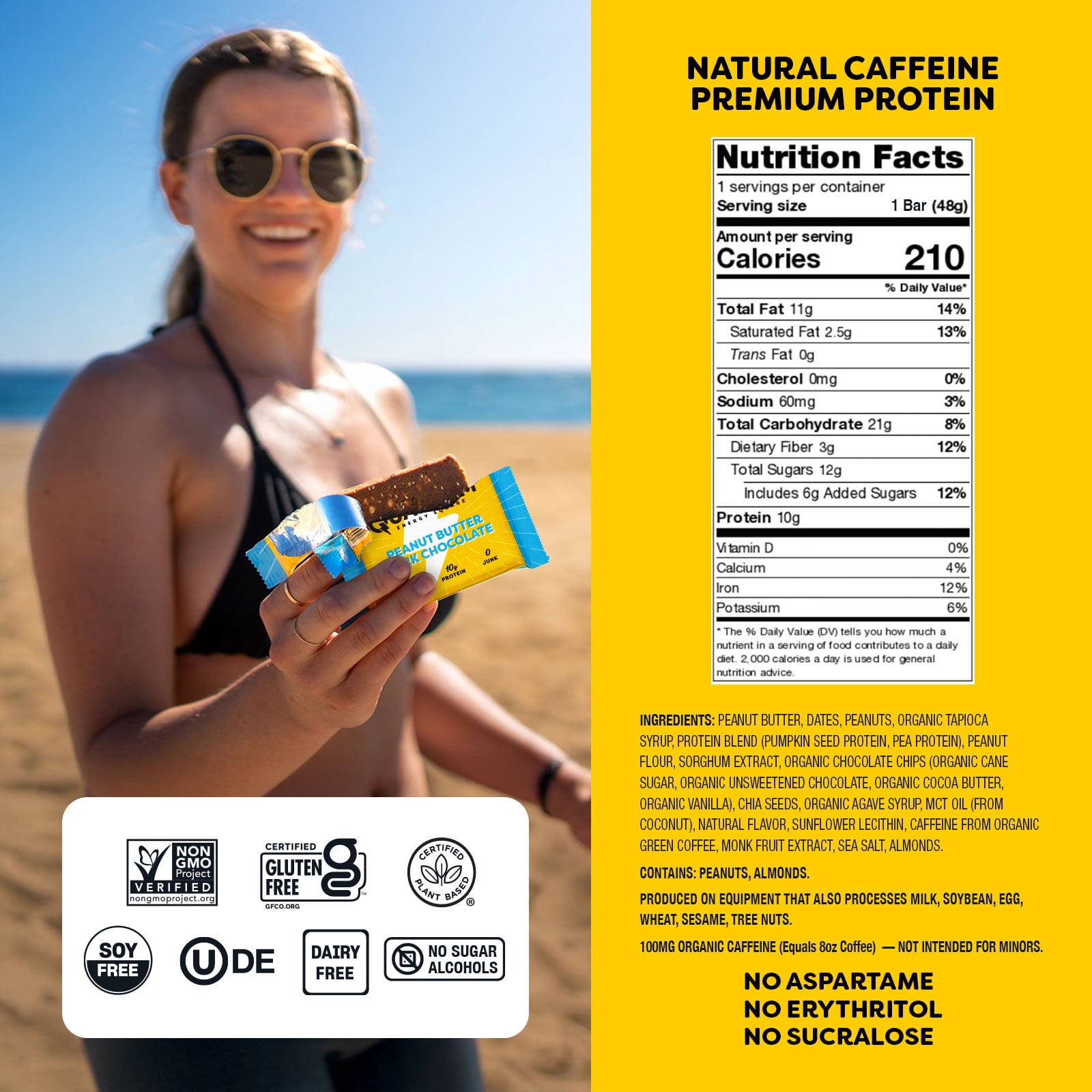 Quantum Energy Square: Energy Bar with Caffeine & 10g Protein. Delicious Healthy Snack On The Go. (Vegan, Gluten-free, Soy-free, Dairy-free). Flavor: Peanut Butter Dark Chocolate 8Pk