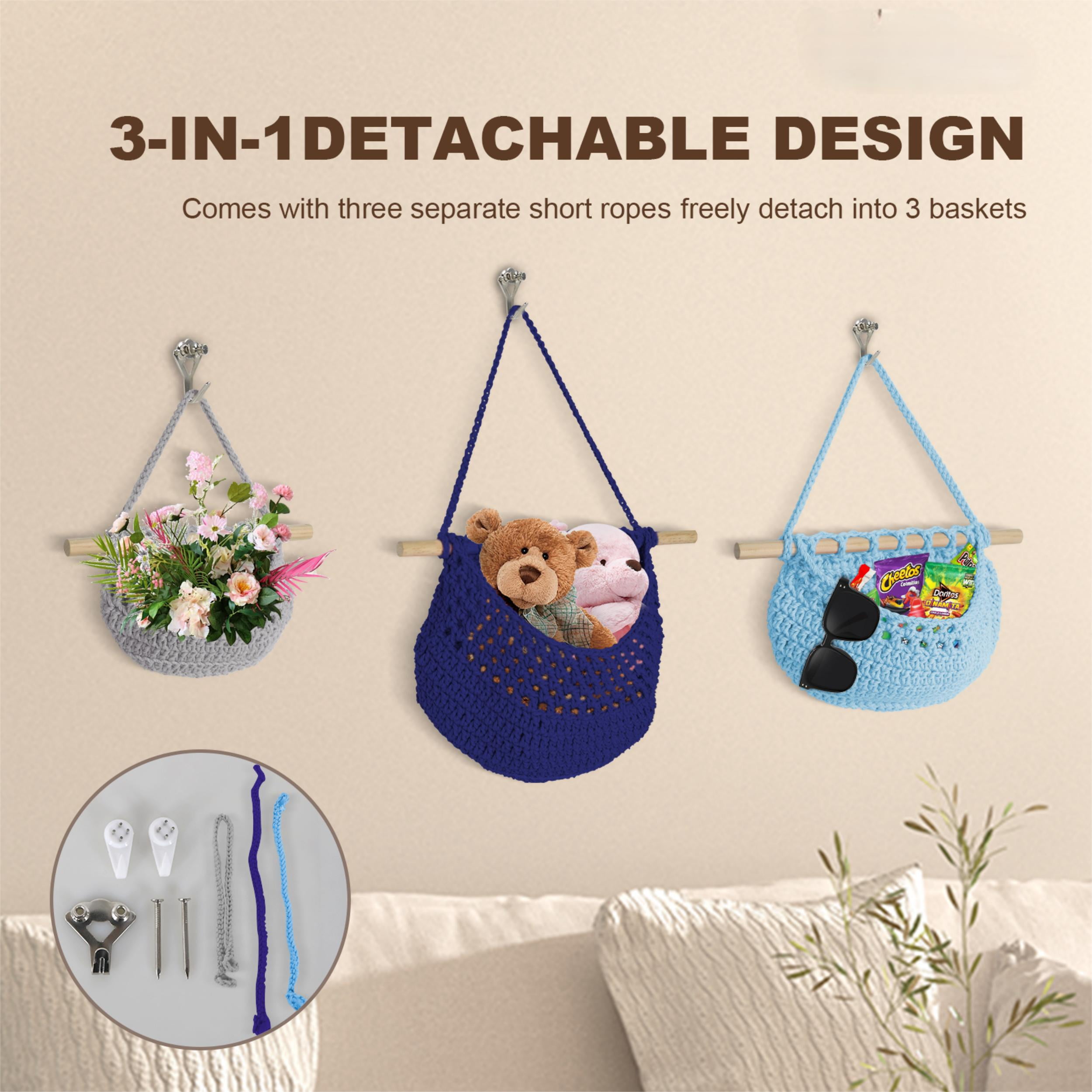 Hanging Fruit Basket, 3 Tier Detachable Wall Hanging Basket Over the Door Organizer for Fruit Vegetable Plant Decor, Gray Blue Boho Handwoven Cotton Rope Fruit Basket for Kitchen Bathroom Bedroom