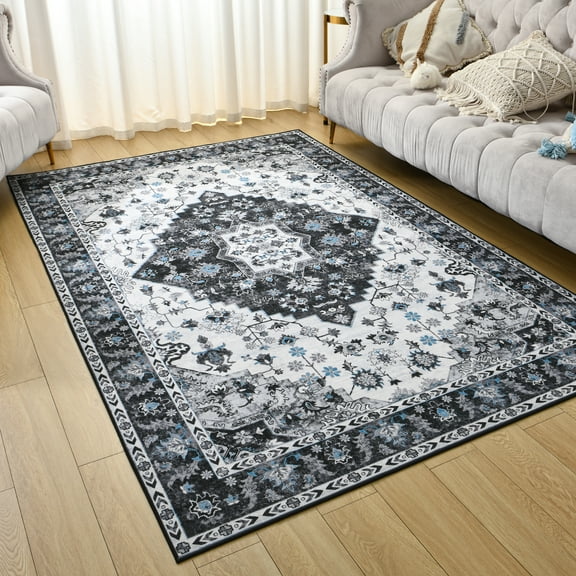 YJ.GWL Soft Boho Area Rug Vintage Floral Print Rugs Low-Pile Accent Carpets for Living Room Bedroom Home Decor,4'X6',Black