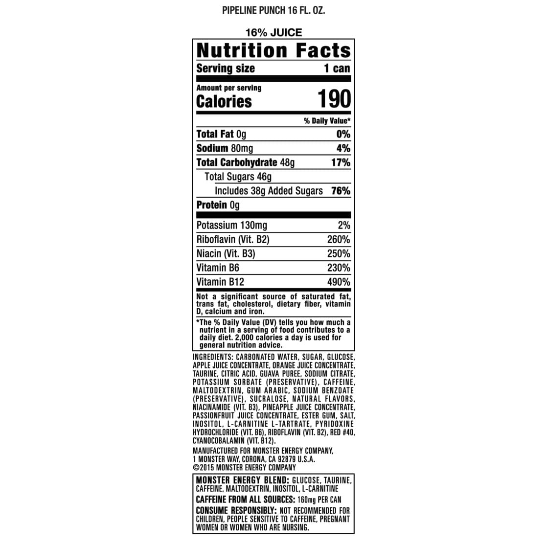 Monster Energy Juice Pipeline Punch, Juice + Energy Drink, 16 fl oz, 12-Pack