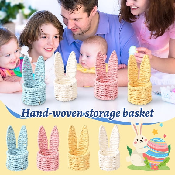 Mini Woven Rabbit Ear Baskets for Spring Table Decor, Rustic Farmhouse Desktop Organizer Bin for Candy Keys, Small Bunny Storage Holder for Tiered Tray Centerpiece, Office Garden Outdoor(Blue)