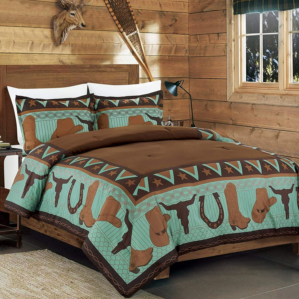 3 Piece Western Cabin Lodge Comforter Set Brown/Teal Horseshoe, Horse