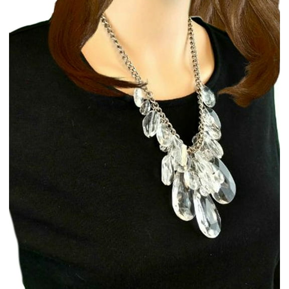 Large Clear Faux Crystal Fringe Silver Tone Statement Necklace  20-23" Ladies Adult Women