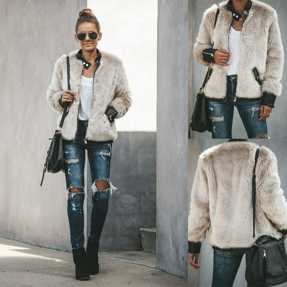 Women Warm Teddy Bear Fleece Leather Patchwork Pocket Long Sleeve Slim Jacket Zip Up Oversize Outwear Coats